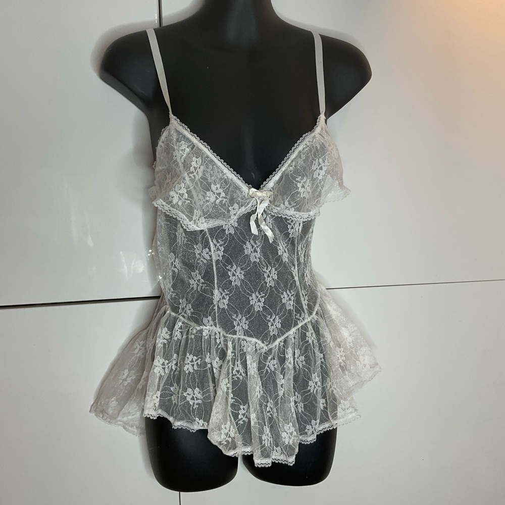 80s lace nylon camisole peplum sheer ivory cream 1980s vintage sexy